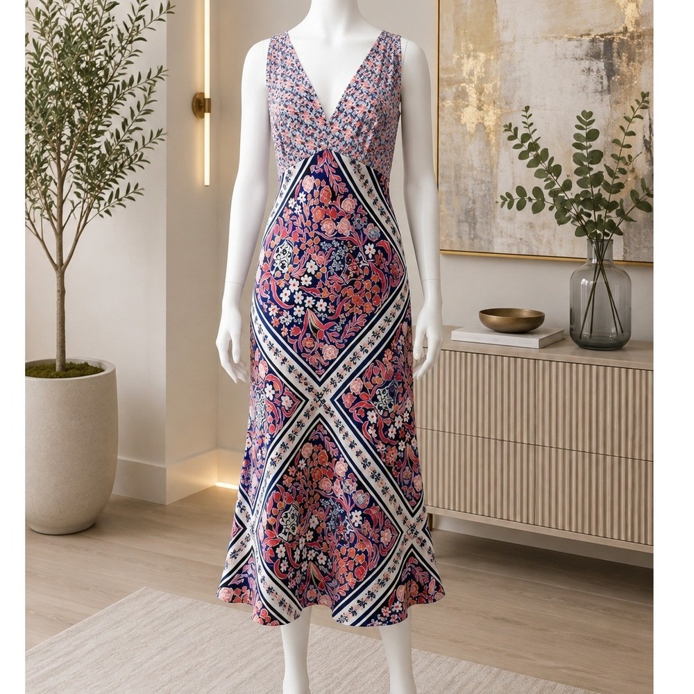 Allison New York Womens Alessia Dress Floral Scarf Print Midi Blue Pink Small